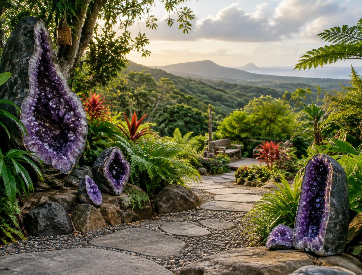 Jardín con geodas de amatista en el interior verde de Byron Bay, Australia