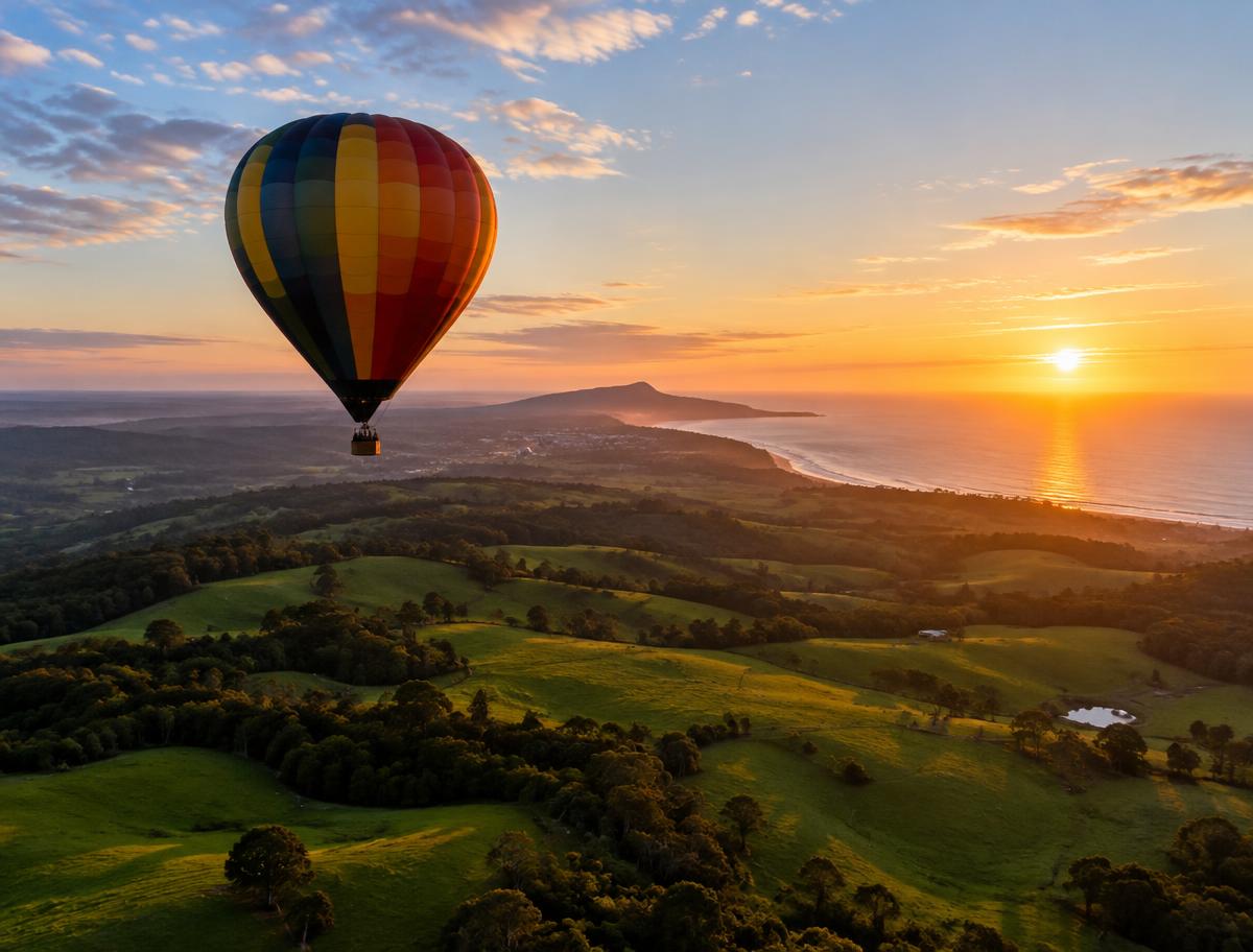 Globo aerostático al amanecer sobre el interior verde y la costa de Byron Bay, Australia