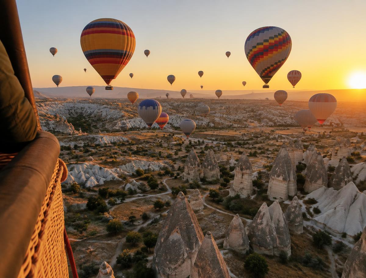Globos aerostáticos al amanecer sobre Capadocia, Turquía