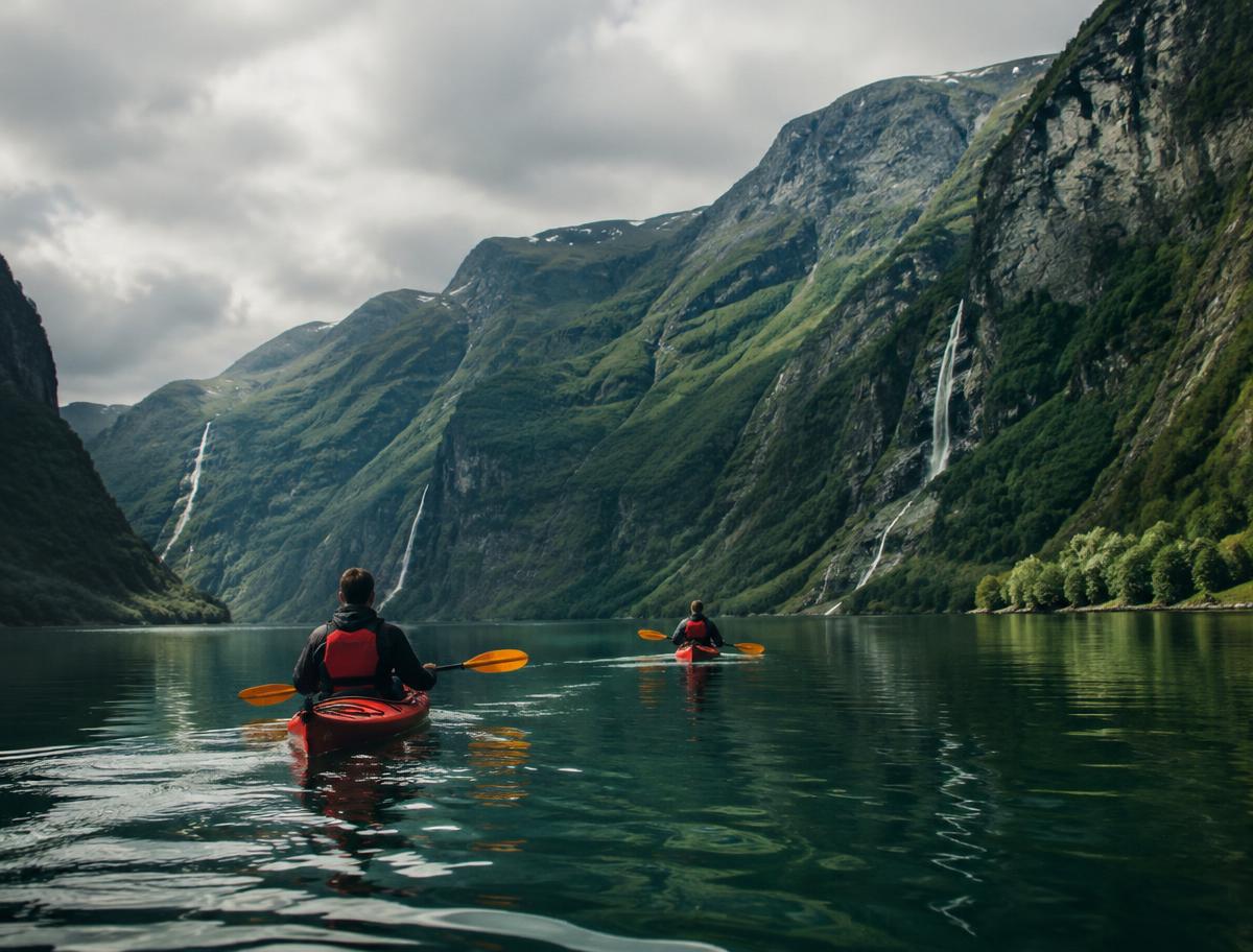 Kayaks en el fiordo de Aurland, Noruega