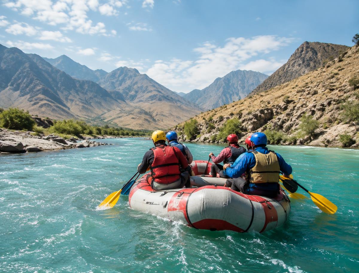 Grupo haciendo rafting en un río de montaña en Kirguistán