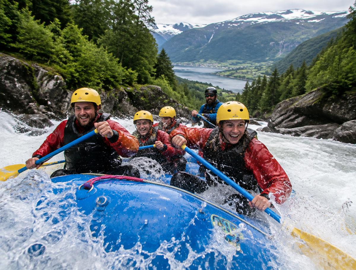Grupo haciendo rafting en un río cerca de Voss, Noruega