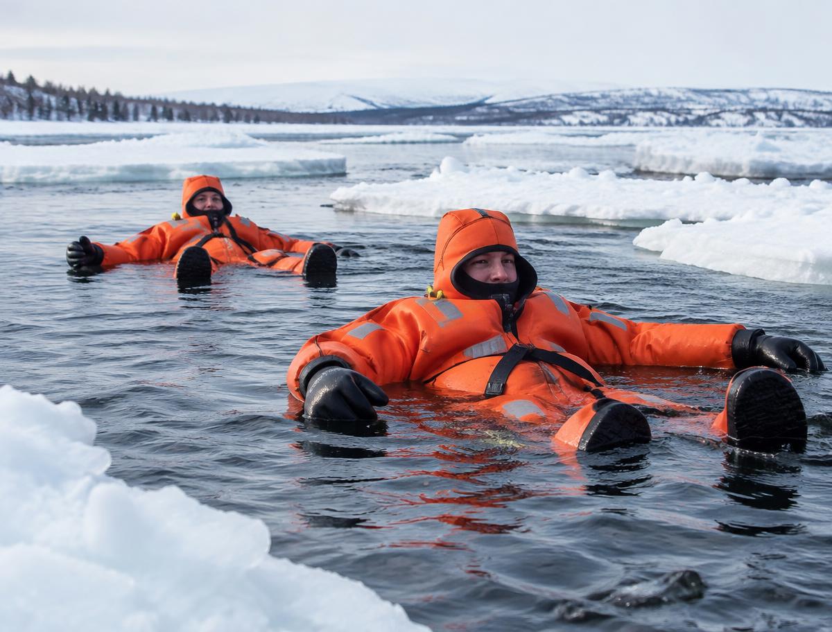 Personas flotando con traje térmico en un río helado de Laponia