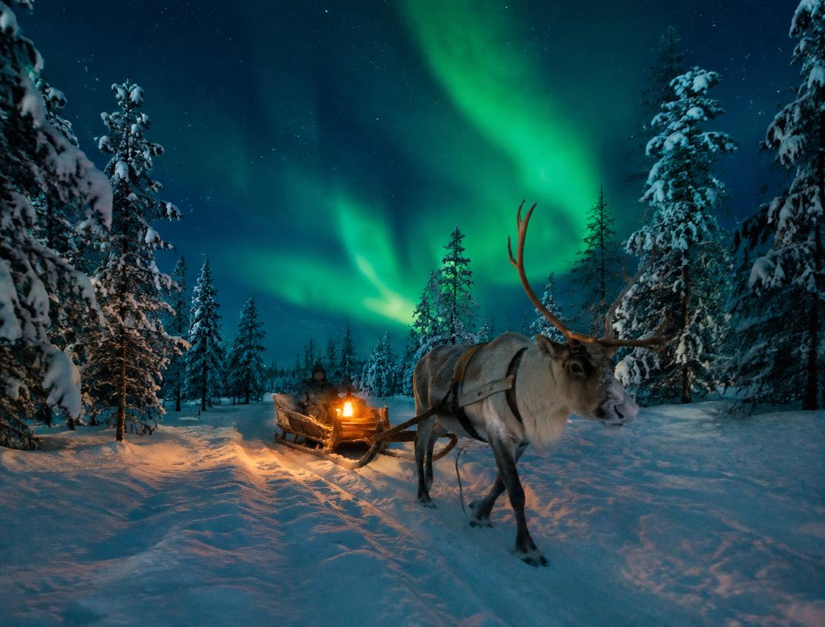 Trineo tirado por renos bajo la aurora boreal en Laponia