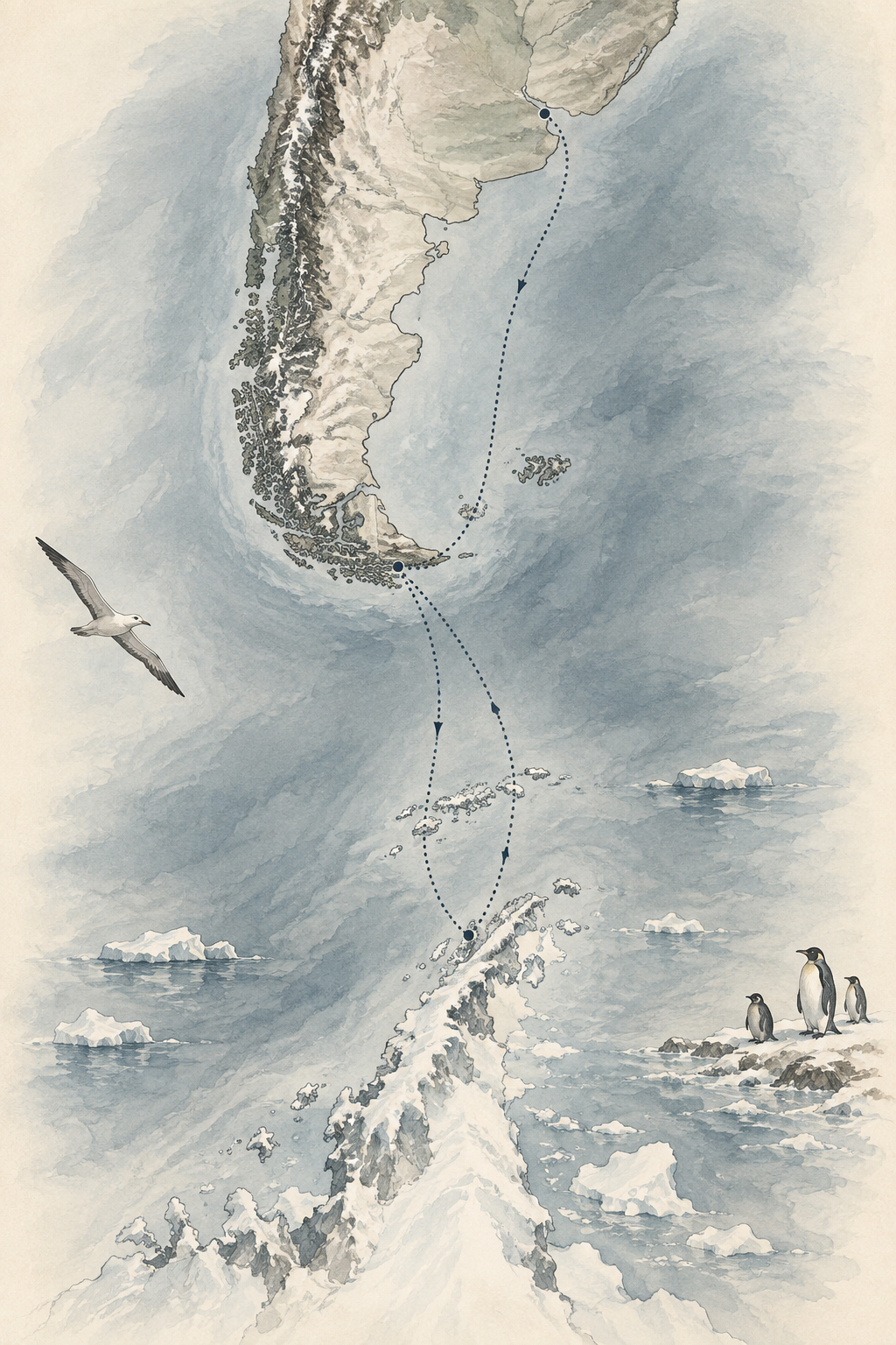Mapa ilustrado del recorrido por Antártica