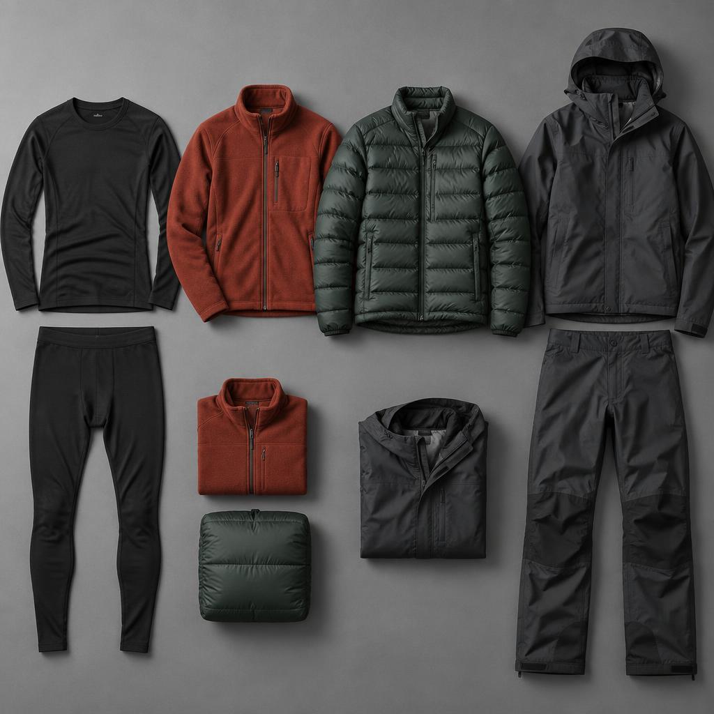 Sistema de capas para clima ártico: base térmica, polar, plumón y exterior impermeable