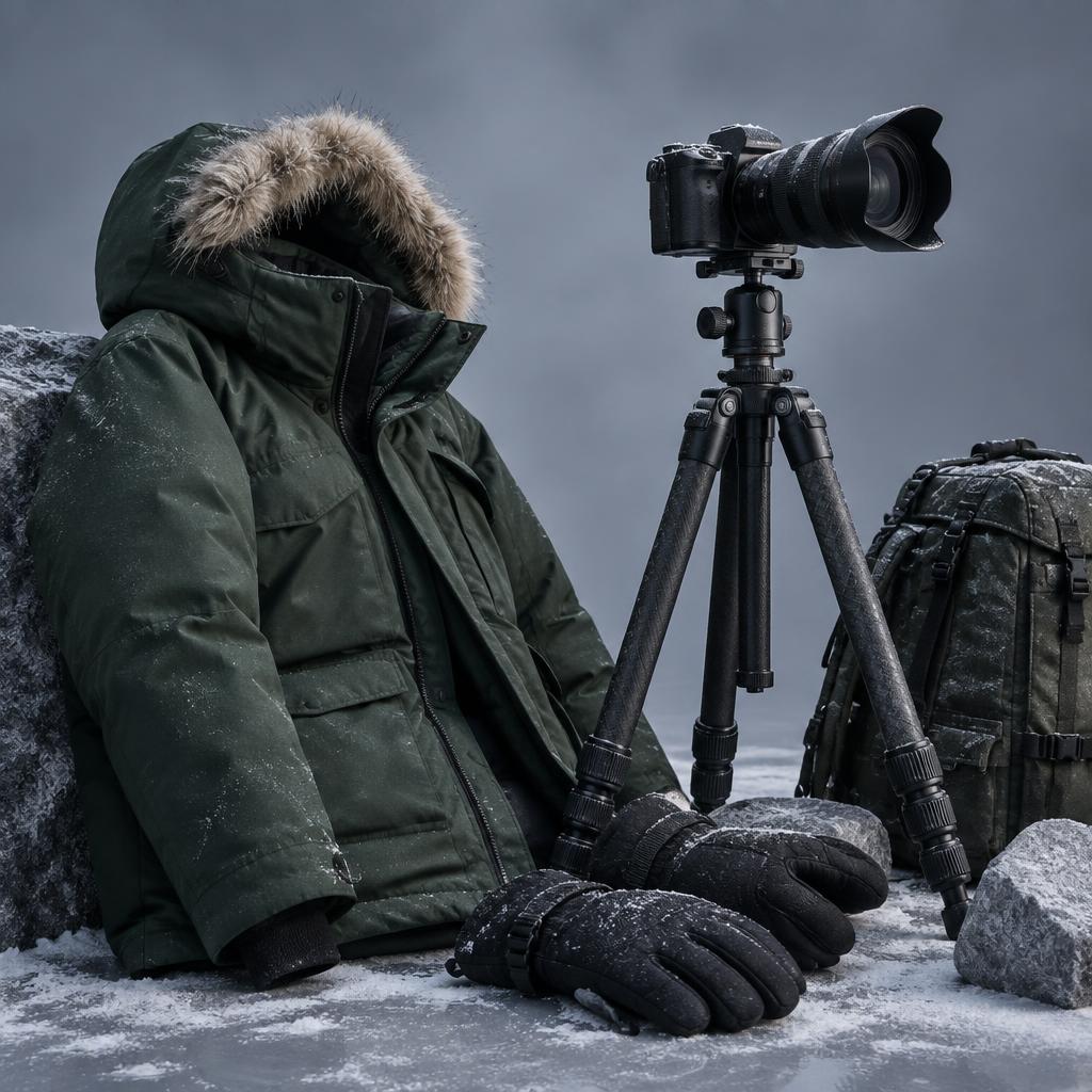 Capa exterior abrigada junto a cámara y trípode para fotografiar auroras