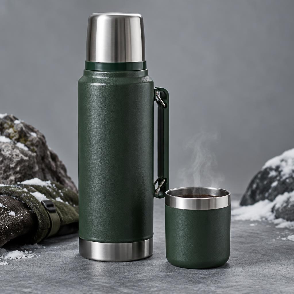 Termo aislado con taza para bebida caliente