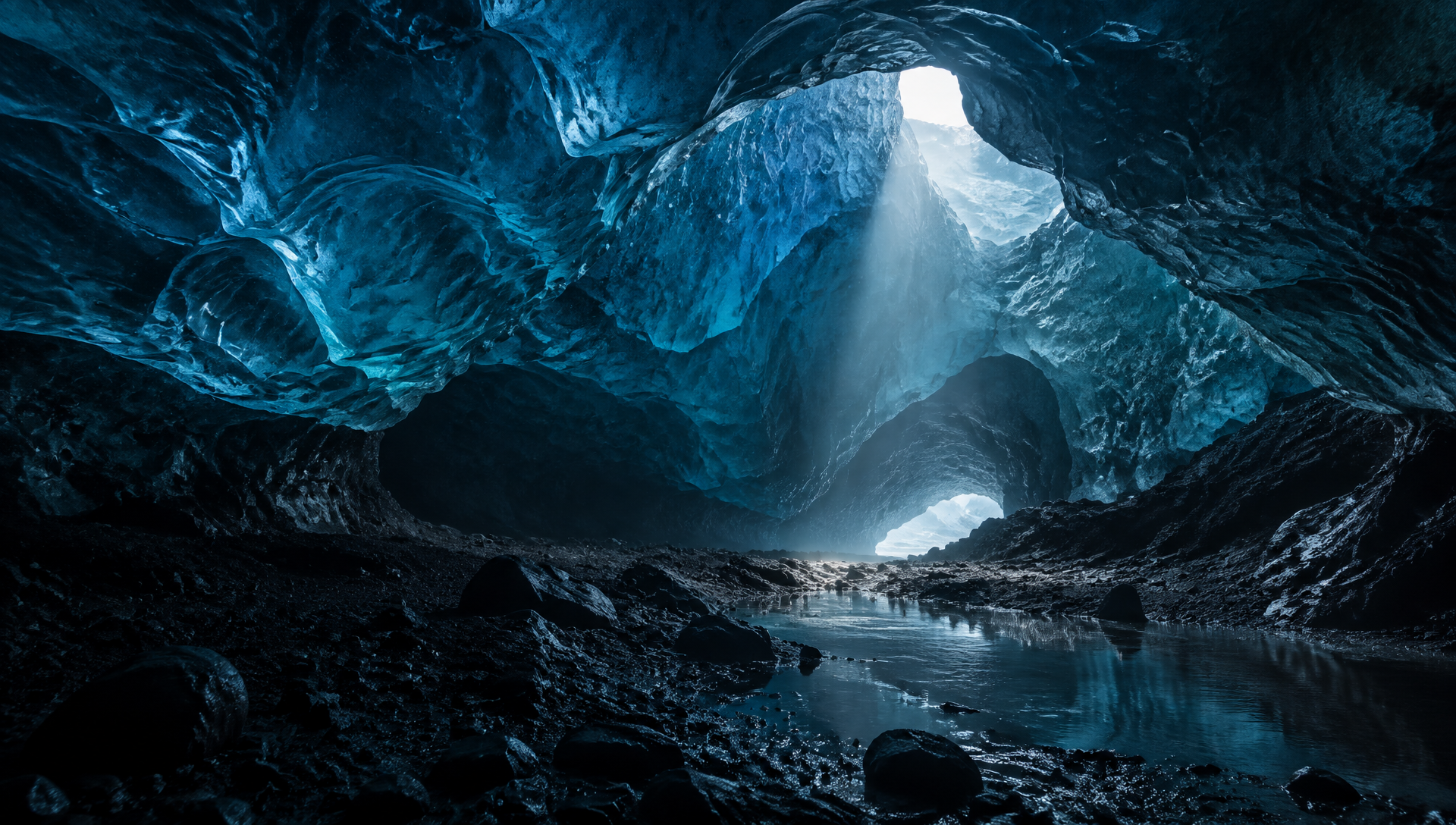 Interior de una cueva de hielo azul en un glaciar de Islandia: el asombro y los beneficios de viajar para la salud