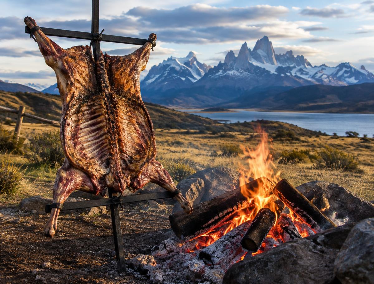 Cordero patagónico asado en cruz frente al fuego