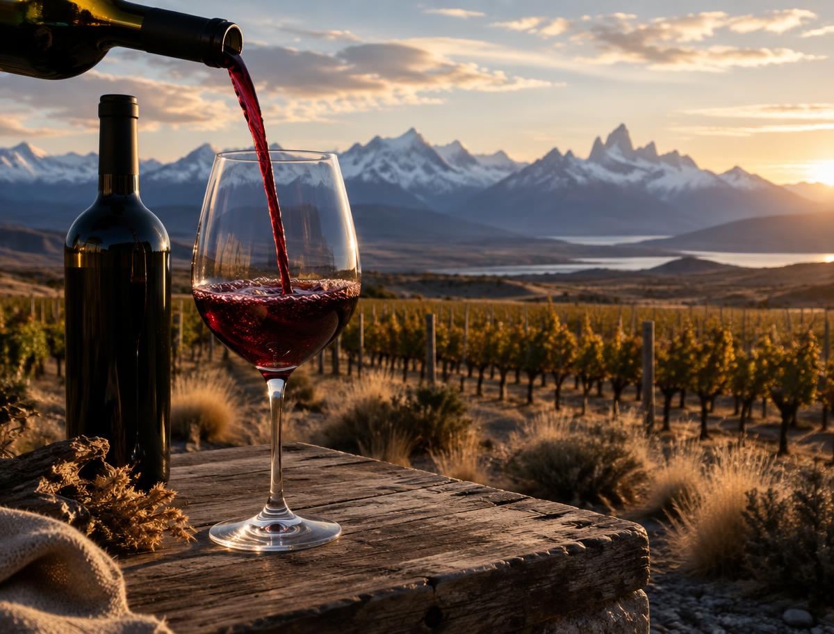 Copa de Malbec frente a un viñedo patagónico