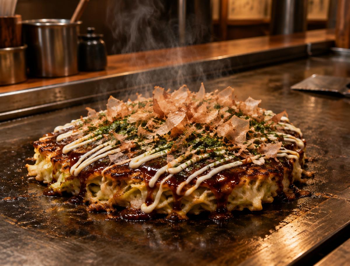 Okonomiyaki recién preparado sobre una plancha en Osaka