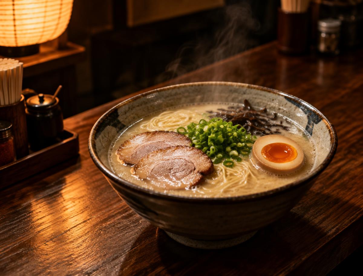 Tazón de ramen tonkotsu servido en una barra japonesa