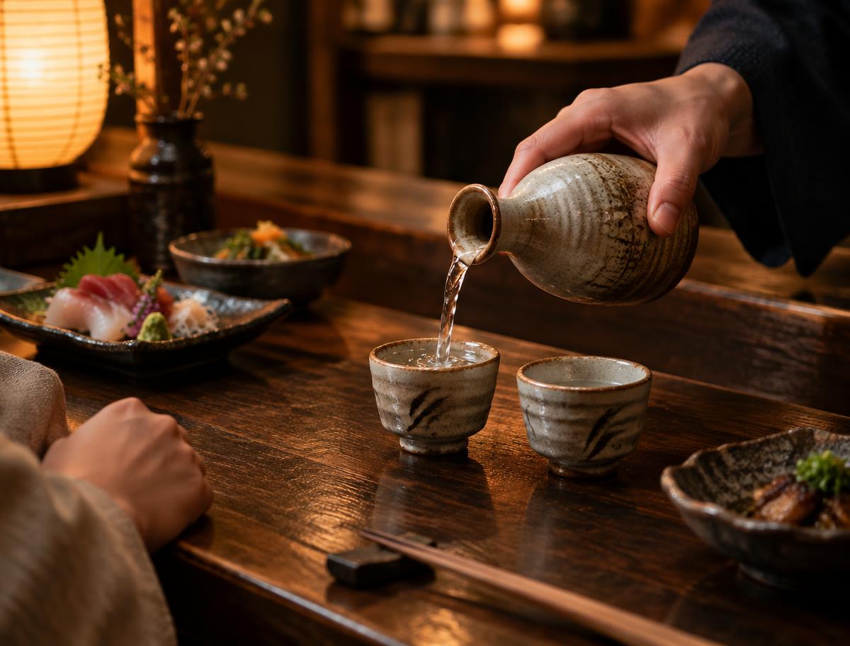 Sake servido en vasos de cerámica en una barra japonesa