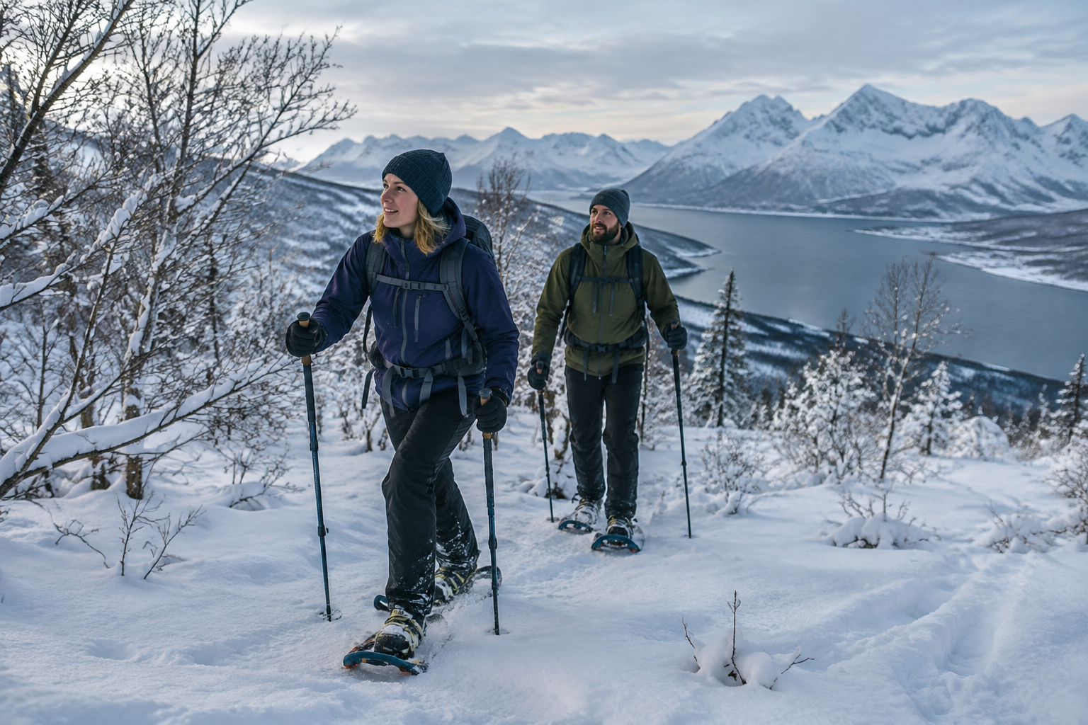 Viajeros haciendo hike con raquetas de nieve en el norte de Noruega